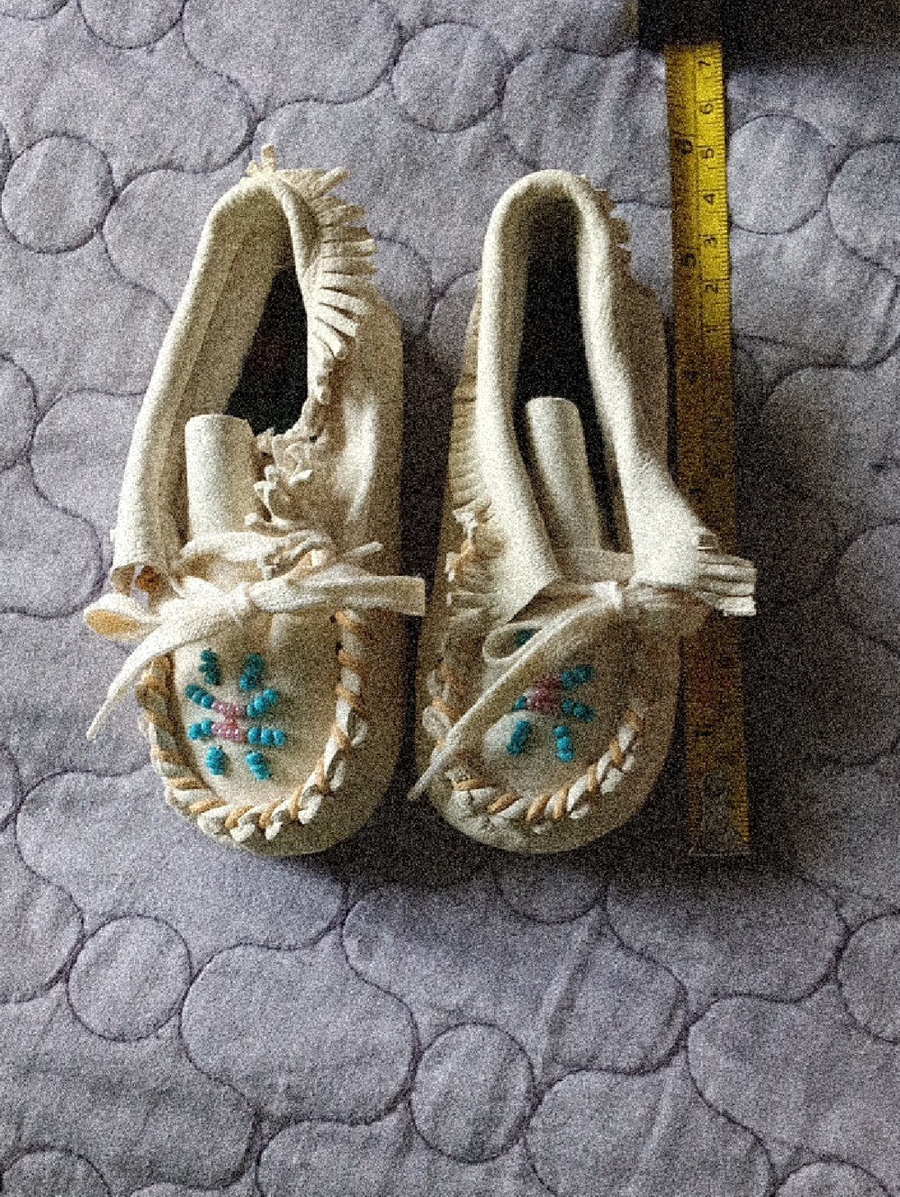 Baby Fringe Moccasin Shoes in White with Bead Detail